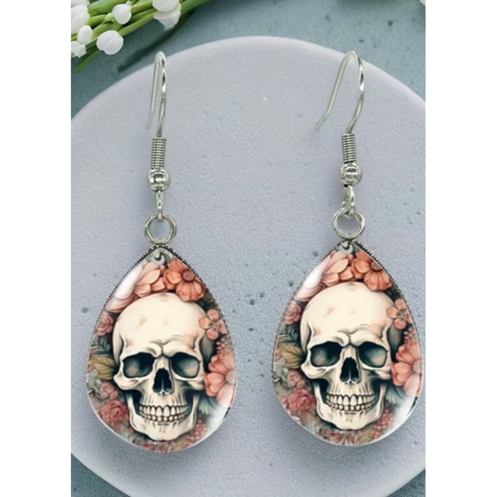 pink white sugar skull teardrop glass whimsigoth punk cabochan dangle earrings